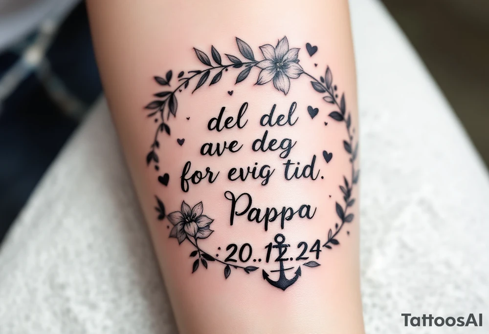 Quote: "En del av deg for evig tid. 
Pappa 20.12.24"
Surround the quote with delicate gladious, notes, hearts and an anchor tattoo idea