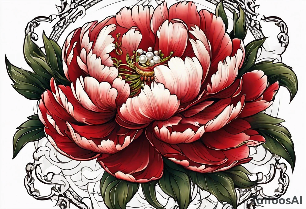 Red peony with dangling pearl necklace with rabbit on top tattoo idea