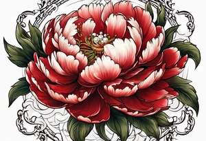 Red peony with dangling pearl necklace with rabbit on top tattoo idea