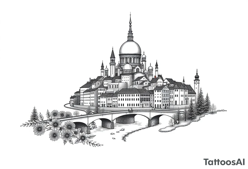 Magical city with river and bridge tattoo idea