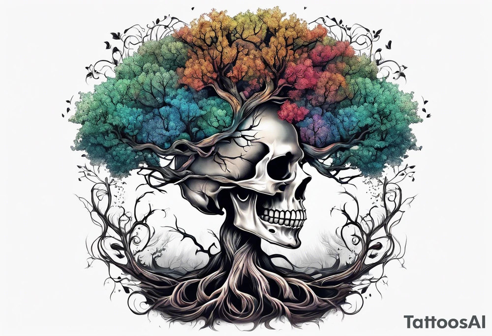 Dark twisted tree of life growing from a skull tattoo idea