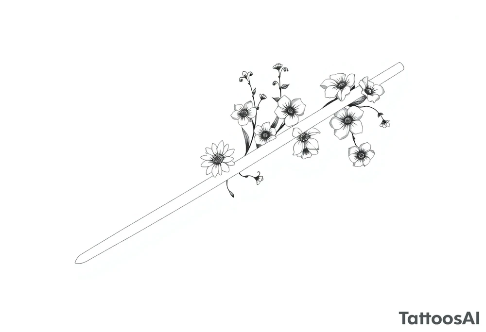 Lightsaber containing daisies, lily of the valley, and morning glories tattoo idea