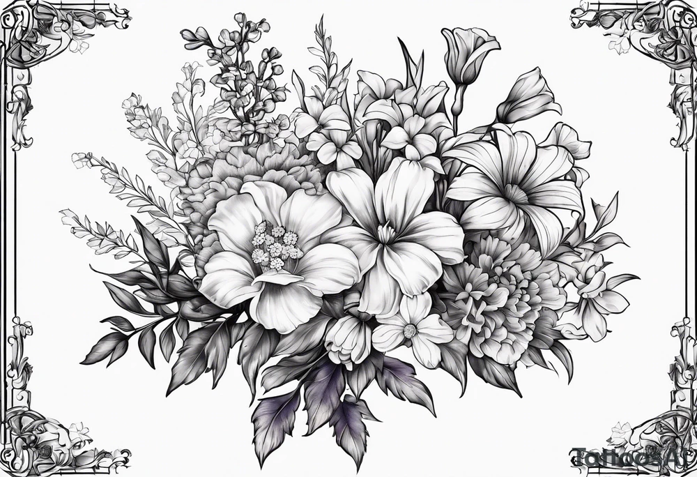 Floral bouquet with one larkspur, one carnation, one violet and one daisy with stems and bow tattoo idea