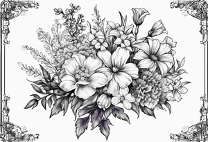 Floral bouquet with one larkspur, one carnation, one violet and one daisy with stems and bow tattoo idea