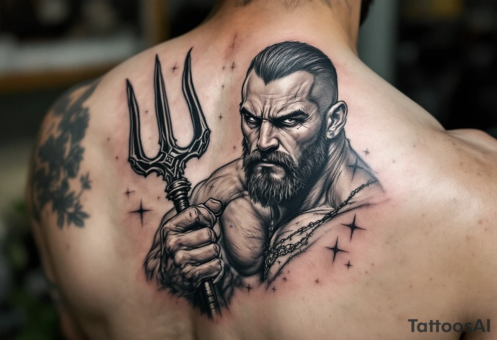 close-up muscular man with trident tattoo idea