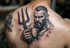 close-up muscular man with trident tattoo idea