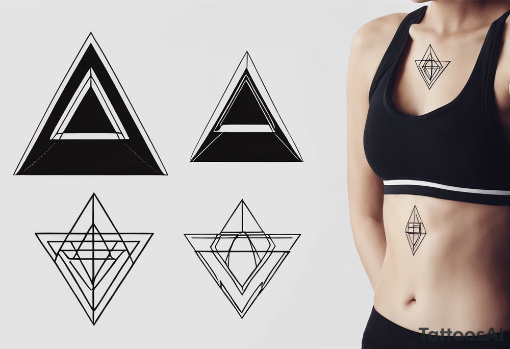 “Generate a minimalist tattoo design with three filled-in shapes arranged in a triangle formation. The top shape should be a geometric heart representing health, the bottom left a compass rose symbolizing purpose, and the bottom right three circles forming a triangle to signify family. The design should focus solely on the filled-in shapes without any additional ornaments, emphasizing simplicity and clean lines.” tattoo idea