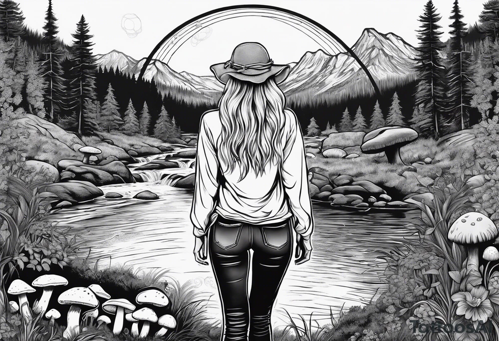 Whole picture encircled fully

Straight long blonde hair hippie girl in distance holding mushrooms in hand facing away toward mountains and creek surrounded by mushrooms long sleeve shirt and hiking pants; whole rendering within a full circle, no cut off circle tattoo idea
