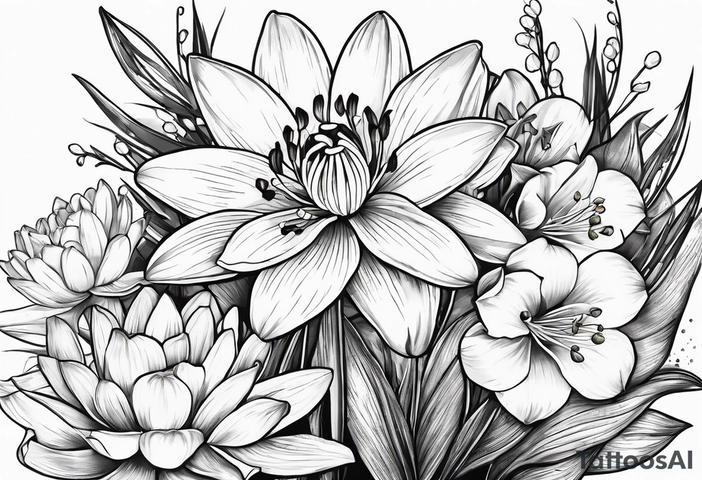 Water Lily, Lily of the Valley, Narcissus, and Gladiolus bouquet tattoo idea
