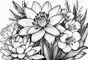 Water Lily, Lily of the Valley, Narcissus, and Gladiolus bouquet tattoo idea