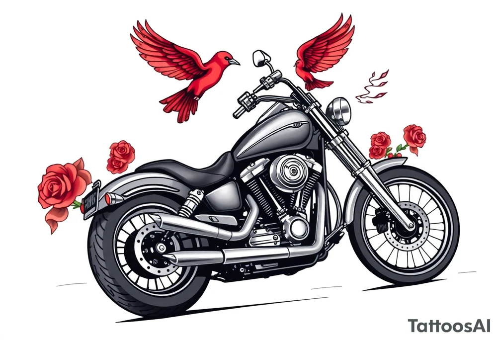 Harley grey motorcycle driving away, two red birds flying, roses, flames, angel wings tattoo idea