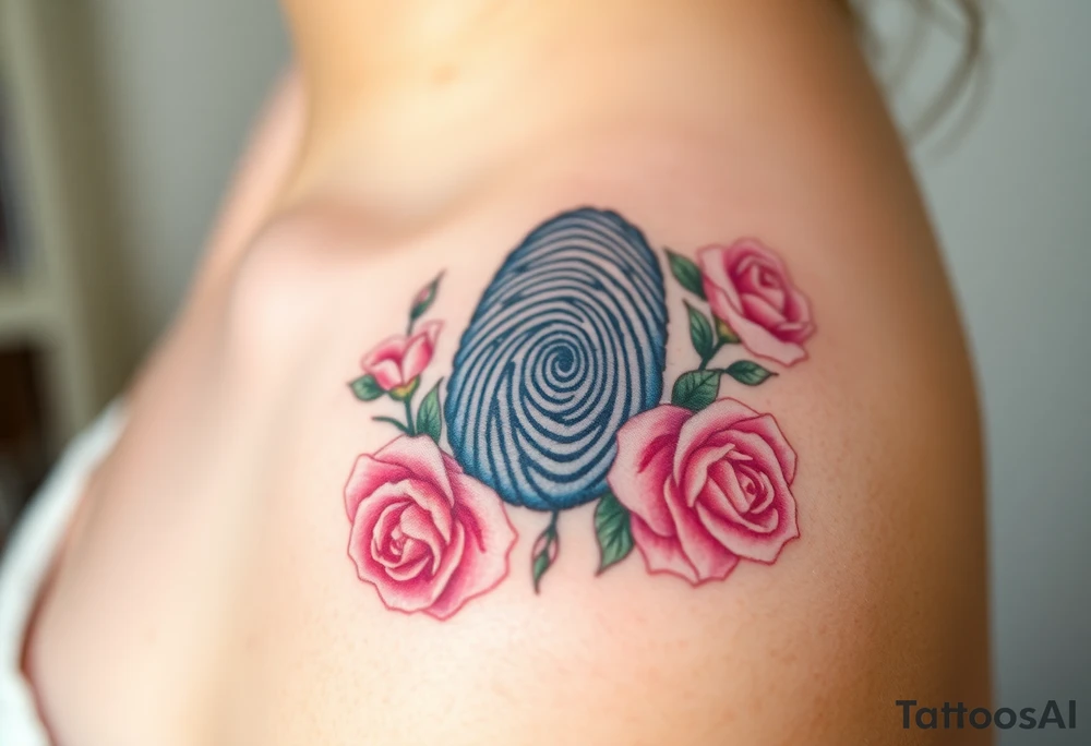 A fingerprint with soft pastel roses around, creating a delicate floral effect tattoo idea