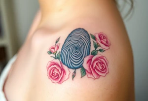 A fingerprint with soft pastel roses around, creating a delicate floral effect tattoo idea