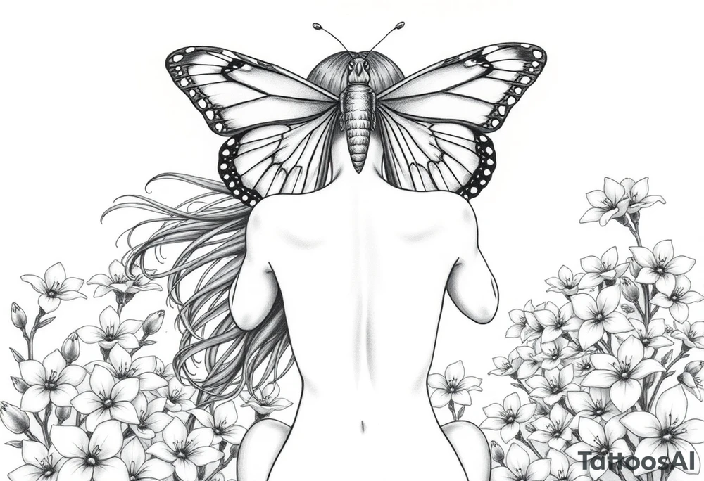 Women whos hands are to her ears with her long hair flowing in the wind and dow. Her back while the is kneeling naked on her knees in a beautiful garden surrounded by pink plumeria surrounding her the women has both  her hands covering both her ears and above her a big beautiful butterfly that's right above her head so the butterflys wings covers only cobers her eyes not her nose or mouth or and does cover her hands to her ears the butterfly lower part of its wings is  like a blind fold and her lips and sown shut tattoo idea
