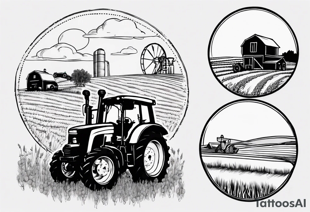 Grain tractor, canola field, grain mill, harvest moon tattoo idea