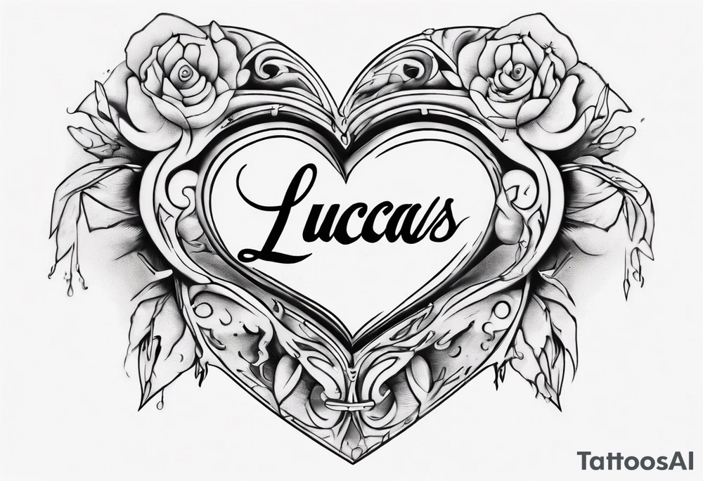 A black heart with the words Lucas and Margaret inside of it tattoo idea