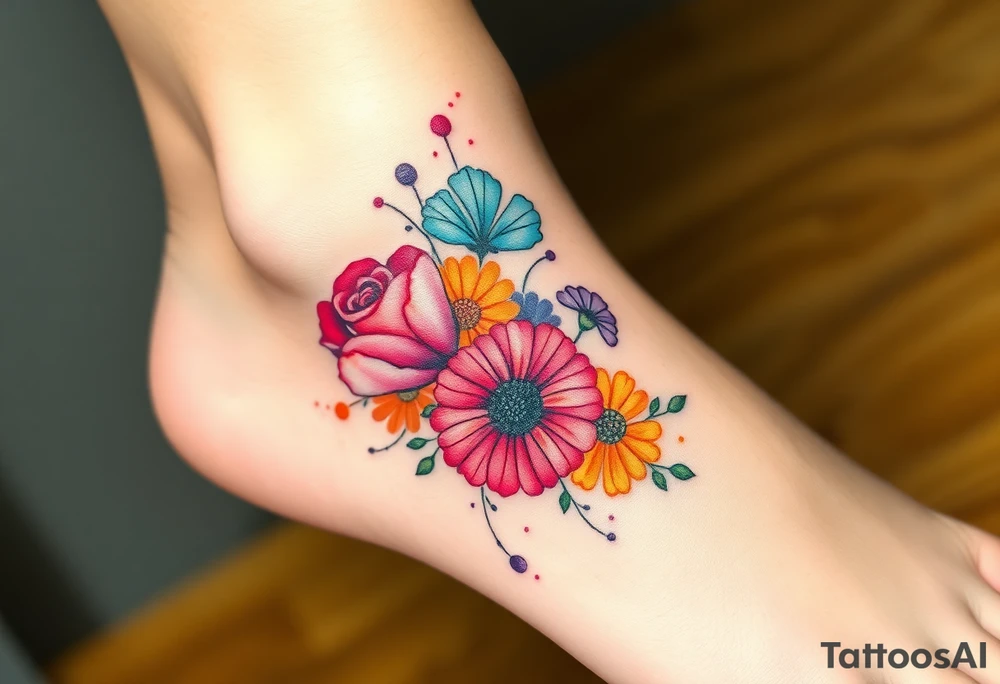 a colorful, vibrant, watercolor tattoo with one rose, one lily, one marigold, and one cosmos flower and with splashes of color tattoo idea