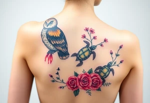 Full back owl on left shoulder flowers on right 3 turtles down spine use multiple rose and vine overlay to fill the empty areas tattoo idea