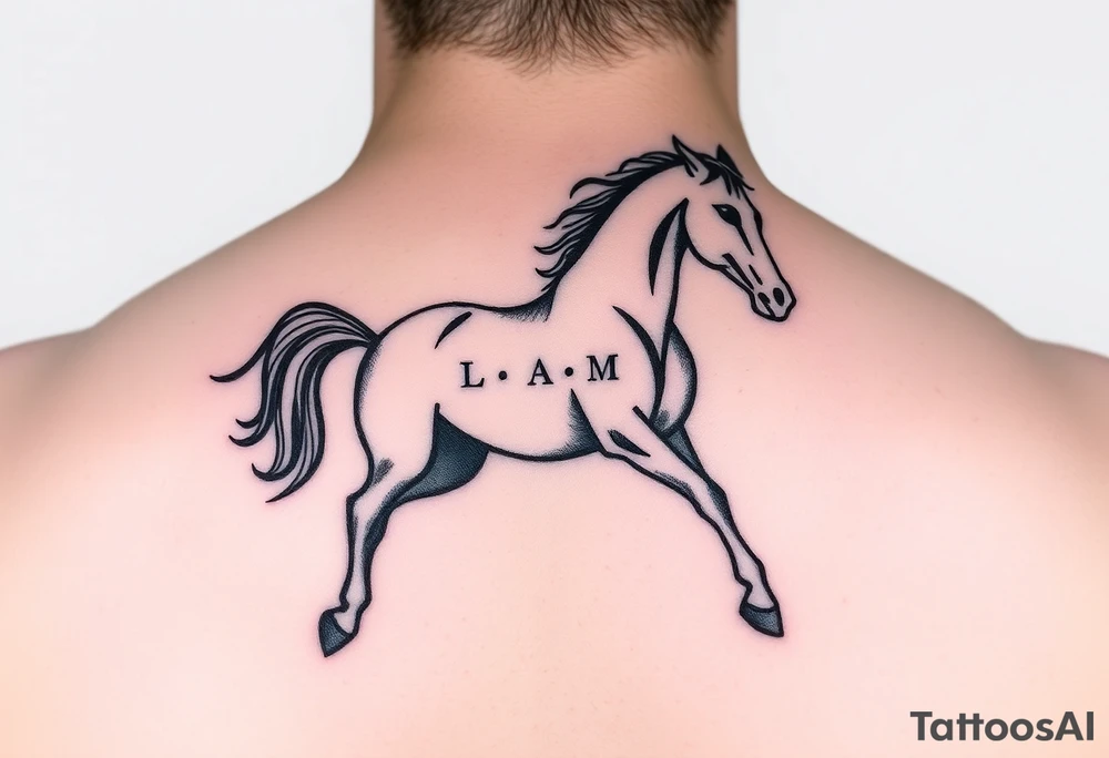 horse silhouette 
from the front which gallops from the front, with the 3 small letters discreetly integrated: L, A, M tattoo idea