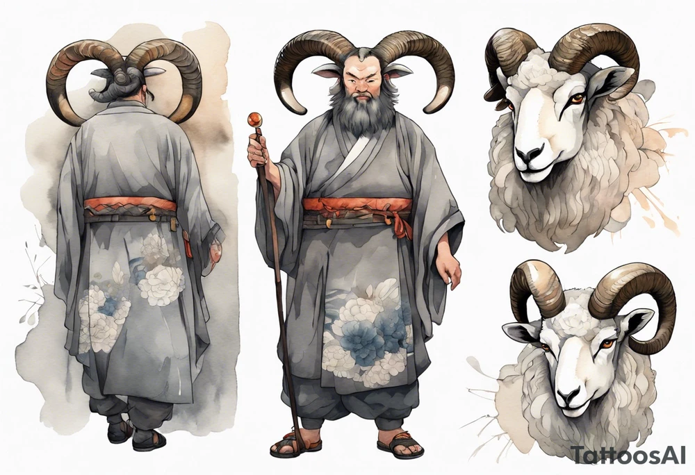 a large man wearing a grey tunic with the head of a big horned sheep tattoo idea