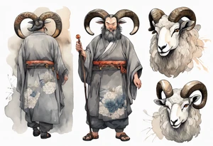 a large man wearing a grey tunic with the head of a big horned sheep tattoo idea