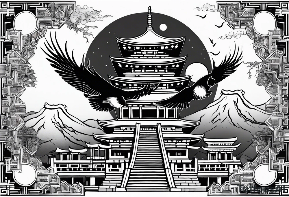 Classical temple crow moon ruins tattoo idea