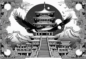 Classical temple crow moon ruins tattoo idea