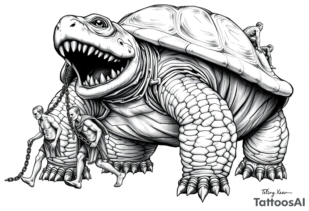 A giant man walking 2 slaves on a chain leash and chains on the back legs of an angry turtle with huge teeth with a little man riding on his back tattoo idea
