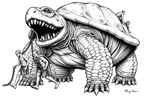 A giant man walking 2 slaves on a chain leash and chains on the back legs of an angry turtle with huge teeth with a little man riding on his back tattoo idea