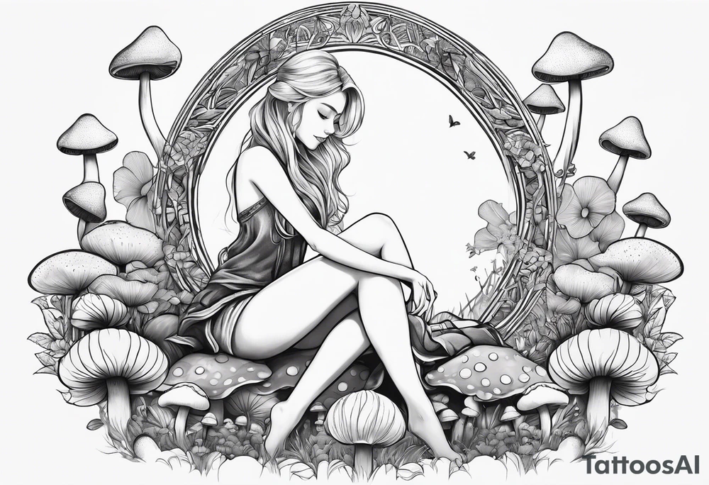 Blonde Girl sitting lotus position in field of mushrooms tattoo idea