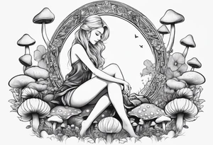 Blonde Girl sitting lotus position in field of mushrooms tattoo idea