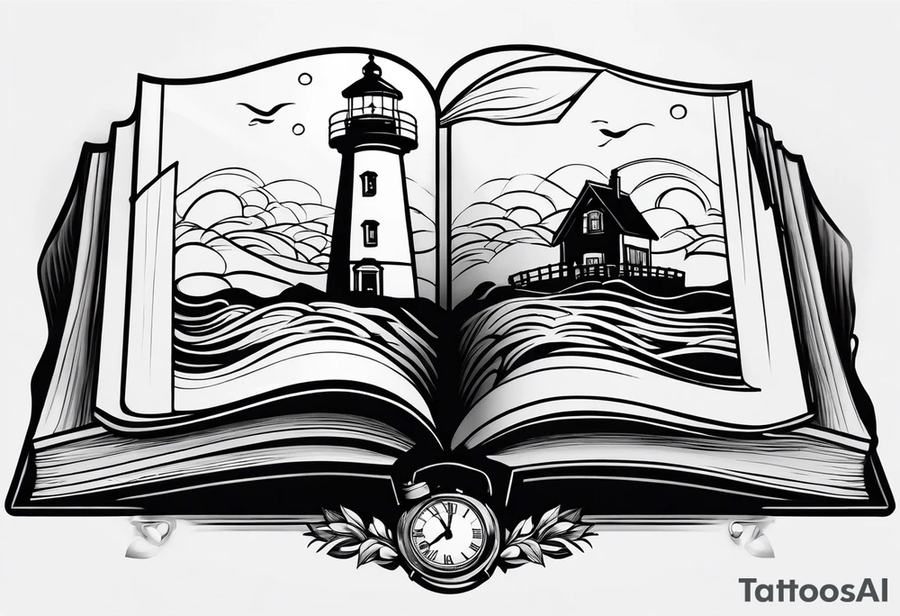 minimalist "open book" with a lighthouse in the middle and a clock tattoo idea