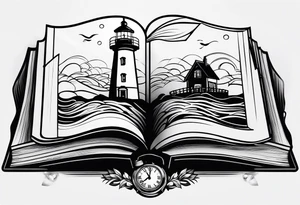 minimalist "open book" with a lighthouse in the middle and a clock tattoo idea