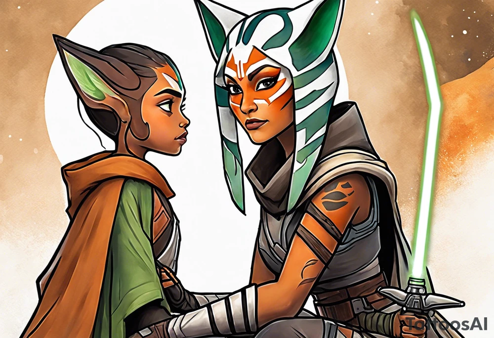 Ahsoka teaching young grogu who is wearing mandalorian armor crouching with a green lightsaber tattoo idea