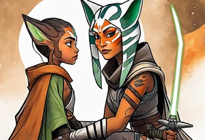 Ahsoka teaching young grogu who is wearing mandalorian armor crouching with a green lightsaber tattoo idea