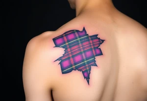 Purple tartan fabric on shoulder with skin ripping back to reveal tartan underneath tattoo idea