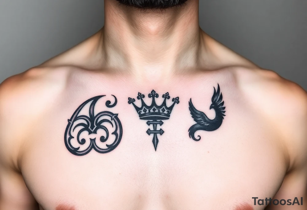 Chest tattoo, two laurier and icelandic symbols, dark brest tattoo, crown betwen laurier tattoo idea