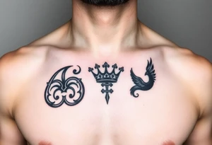 Chest tattoo, two laurier and icelandic symbols, dark brest tattoo, crown betwen laurier tattoo idea