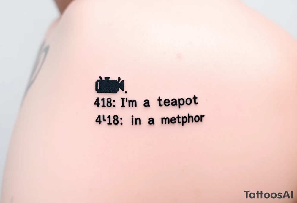 "Minimalist black tattoo of a server error message:  
'418: I’m a Teapot' in pixelated font.  
Below: tiny 'This is not a metaphor' in Comic Sans.  

Style: Glitch art. Placement: Inner arm. No colors." tattoo idea
