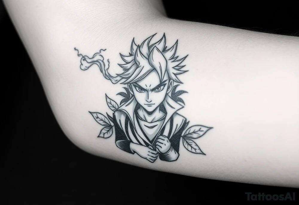 An animated character with smoke passing through and leaves in a negative effect around it. In black and white, dot shading with soft shading. tattoo idea