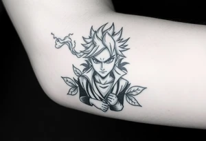 An animated character with smoke passing through and leaves in a negative effect around it. In black and white, dot shading with soft shading. tattoo idea