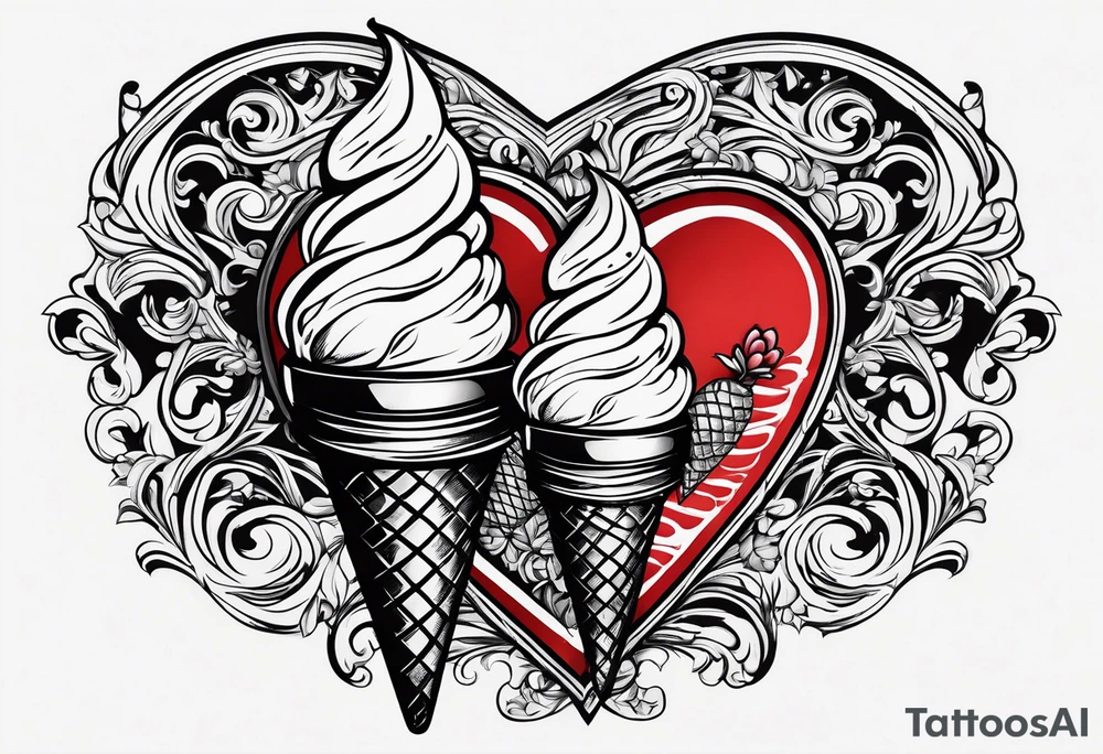 ice cream cone with one round scoop of ice cream and a red heart tattoo idea