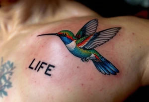 A hummingbird flying through a cartouche (Egyptian nameplate) that spells out a meaningful word like “Life” or “Strength.”(only red , blue and black are possible colors) tattoo idea