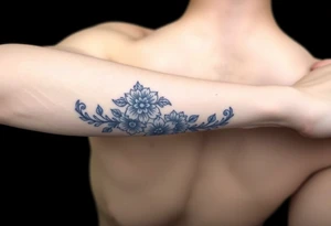 forearm porcelain blue style with ornate and floral decor with a detailed banded border at the wrist and elbow. tattoo idea