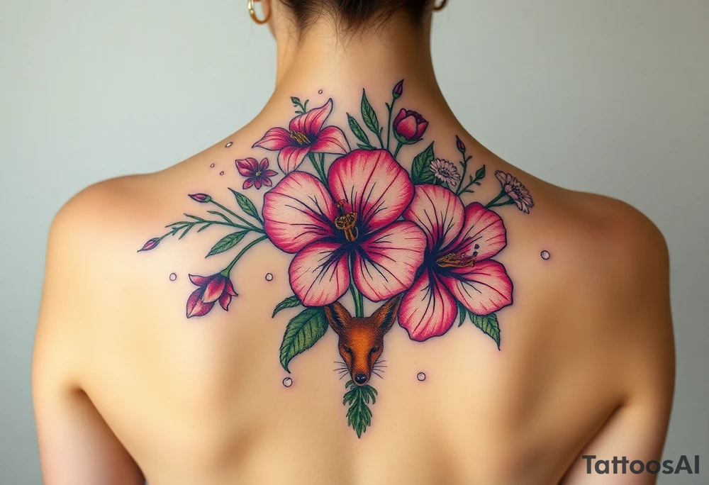 vintage bouquet of wild hibiscus
 and meadow flowers with morning dew and a fox tattoo idea
