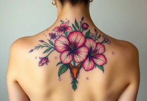 vintage bouquet of wild hibiscus
 and meadow flowers with morning dew and a fox tattoo idea