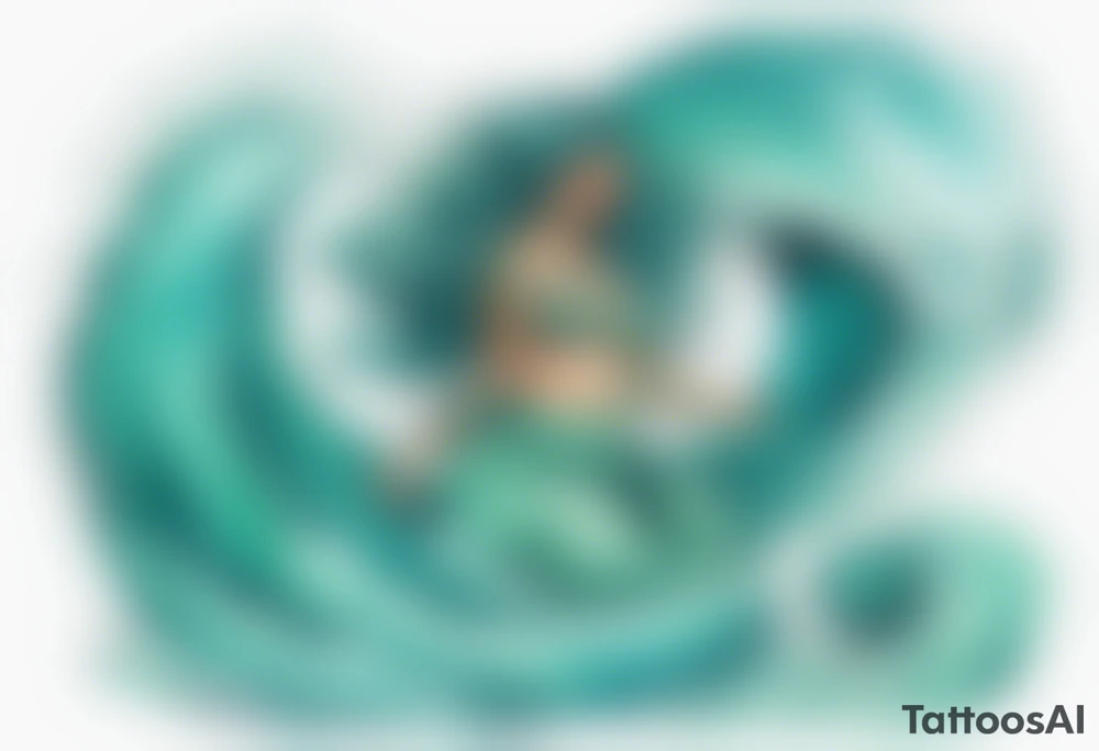 a beautiful chubby turquoise serpent woman emerging from an ocean wave, crashing onto the shore tattoo idea