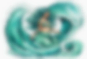 a beautiful chubby turquoise serpent woman emerging from an ocean wave, crashing onto the shore tattoo idea