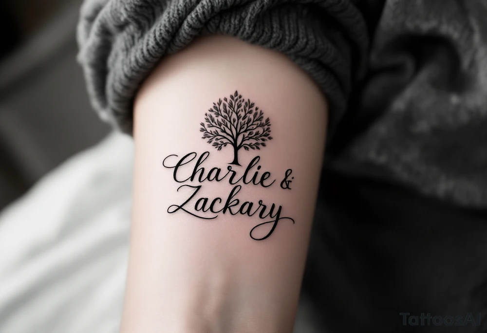 Create a delicate tattoo design that seamlessly integrates the names "Charlie" and "Zackary" in graceful, flowing cursive. Enclose the names within a softly stylized symbol that embodies strength and unity, such as a gentle tree of life, an elegant mandala, or a subtle shield motif. The overall design should evoke warmth and protection while remaining refined and understated—ideal for a small, discreet placement like the wrist or inner forearm. tattoo idea