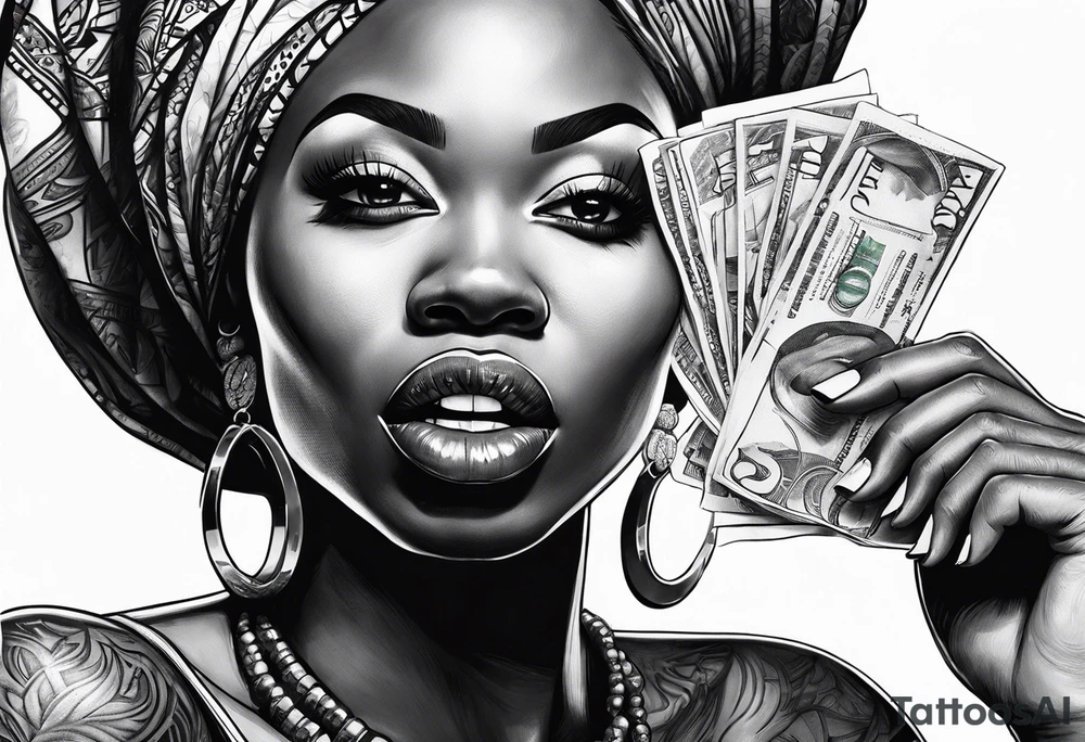 african woman biting money tattoo idea